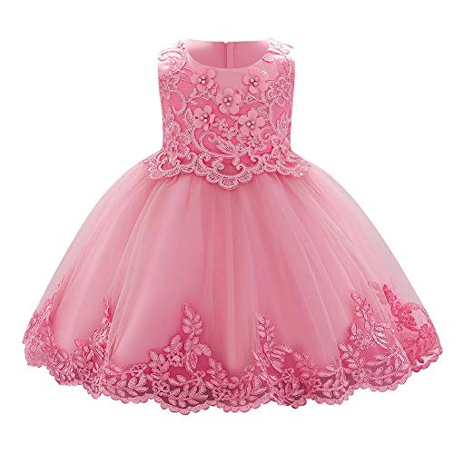 Baby Mädchen 1. Geburtstag Partykleid Blumenmädchen Hochzeit Brautjungfer Festliches Festkleid Prinzessin Tütü Tüll Spitzenkleid Abendkleid Taufkleid Ärmellos Cocktailkleid Dunkelrosa 18-24 Monate von FYMNSI