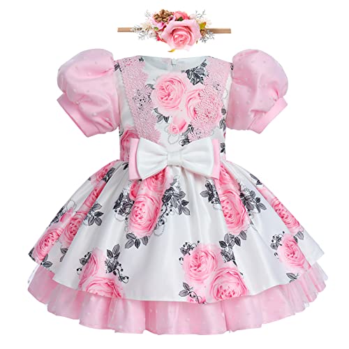 Baby Mädchen 1. Geburtstag Partykleid Festliches Festkleid Kleinkinder Blumen Druckkleid Kurzarm Prinzessin Tütü Kurzes Abendkleid mit Stirnband Set Hochzeit Kommunionskleid Sommer Rosa 12-18 Monate von FYMNSI