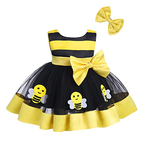 Baby Mädchen Taufkleid 1. Geburtstag Partykleid Kleinkinder Sommerkleid V-Ausschnitt Bowknot Tütü Tüllkleid Pailletten Ärmellos Prinzessin Abendkleid Festliches Festkleider Gelb Biene 12-18 Monate von FYMNSI