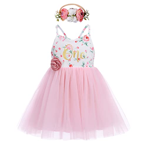 Baby Mädchen 1. Geburtstag Partykleid Kleinkinder Prinzessin Tütü Tüll Kleid Boho Blumenmuster Ärmellos Sommerkleid mit Blumen Stirnband Set 1 Jahr Alt Festliches Festkleid Fotoshooting Rosa One von FYMNSI