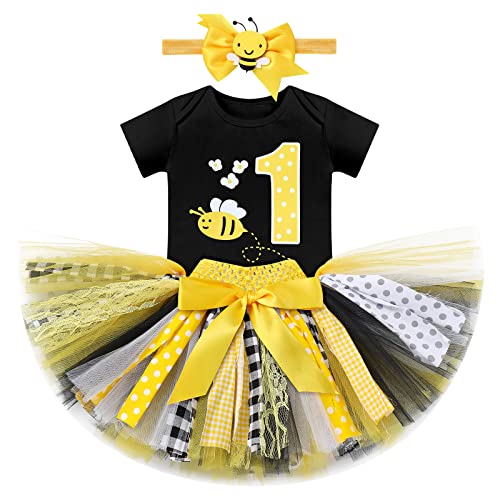 Baby Mädchen Biene 1. Erster Geburtstag Outfit Baumwolle Kurzarm Body Strampler Prinzessin Tutu Tüll Rock Blumen Stirnband 1 Jahr Alt Party Fotoshooting Kostüm Sommer Bekleidungsset Schwarz 12-18M von FYMNSI