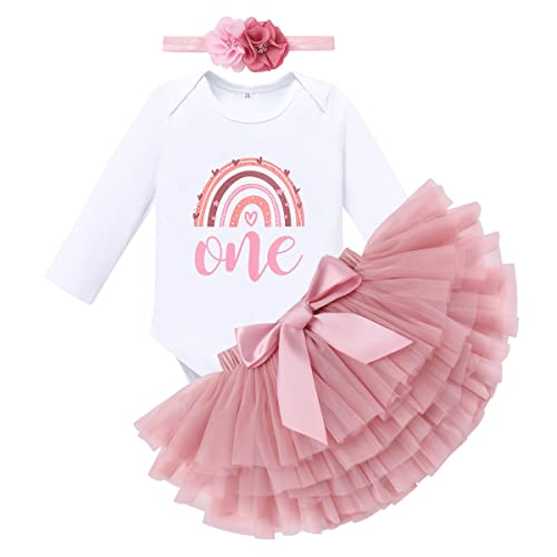 Baby Mädchen Boho Regenbogen 1. Geburtstag Outfit Baumowlle Langarm Strampler Body Tütü Tüll Rock Blumen Stirnband Erster Geburtstag 1 Jahr Alt Party Fotoshooting Herbst Bekleidung Dunkelrosa One von FYMNSI