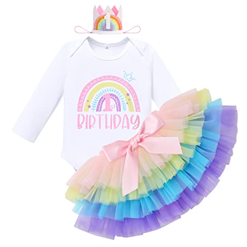 Baby Mädchen Boho Regenbogen 1. Geburtstag Outfit Baumwolle Langarm Strampler Body Tütü Tüll Rock Mini Krone Hut Erster Geburtstag 1 Jahr Alt Party Fotoshooting Herbst Bekleidung Regenbogen 1 Jahr von FYMNSI