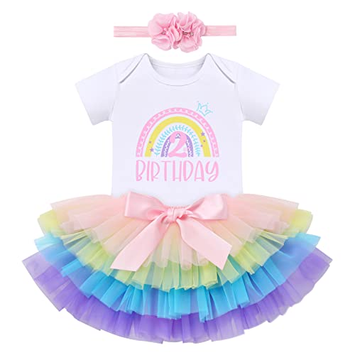 Baby Mädchen Boho Regenbogen 2. Geburtstag Outfit Baumowlle Kurzarm Strampler Body Tütü Tüll Rock Blumen Stirnband Erster Geburtstag 2 Jahre Alt Party Fotoshooting Bekleidungsset Regenbogen 2 Jahre von FYMNSI