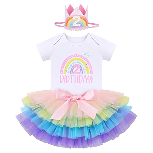 Baby Mädchen Boho Regenbogen 2. Geburtstag Outfit Baumowlle Kurzarm Strampler Body Tütü Tüll Rock Mini Krone Hut Erster Geburtstag 2 Jahre Alt Party Fotoshooting Bekleidungsset Regenbogen 2 Jahre von FYMNSI