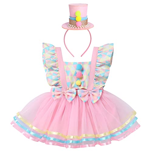 Baby Mädchen Clown Kostüm Halloween Karneval Fasching Kleider Party Cosplay 1. Geburtstag Partykleid Festliches Festkleid Kleinkinder Prinzessin Bodykleid Sommerkleid mit Stirnband Rosa + Bunt 18-24M von FYMNSI