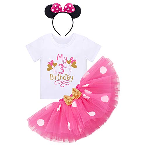 FYMNSI Baby Mädchen Dritter 3. Geburtstag Party Outfit Baumwolle Kurzarm Top T Shirt Prinzessin Gepunktet Tütü Tüll Rock Stirnband 3tlg Bekleidungsset Rose - mein 3. Geburtstag Ballon von FYMNSI