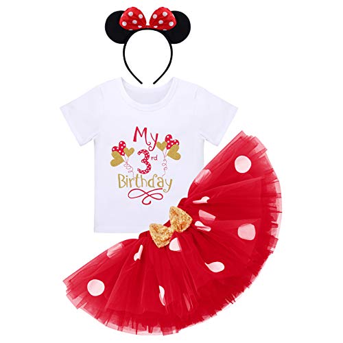 FYMNSI Baby Mädchen Dritter 3. Geburtstag Party Outfit Baumwolle Kurzarm Top T Shirt Prinzessin Gepunktet Tütü Tüll Rock Stirnband 3tlg Bekleidungsset Rot - mein 3. Geburtstag Ballon von FYMNSI