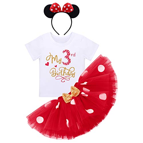 FYMNSI Baby Mädchen Dritter 3. Geburtstag Party Outfit Baumwolle Kurzarm Top T Shirt Prinzessin Gepunktet Tütü Tüll Rock Stirnband 3tlg Bekleidungsset Rot - mein 3. Geburtstag von FYMNSI