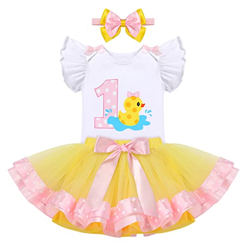 Baby Mädchen Ente 1. Geburtstag Outfit 1 Jahr Partykleid Baumwolle Kurzarm Strampler Body Prinzessin Tutu Tüll Rock Stirnband Fasching Fotoshooting Kostüm Sommer Bekleidungsset Gelb Ente 1 Jahr von FYMNSI