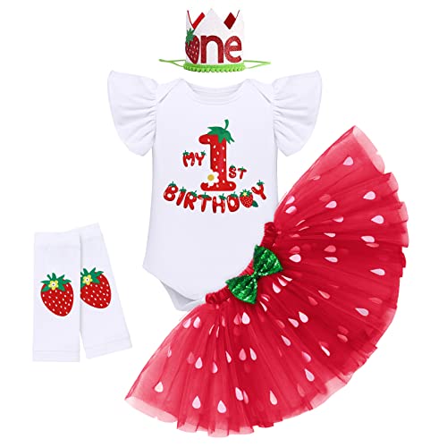 Baby Mädchen Erdbeere Mein 1. Erster Geburtstag Outfit 1 Jahr Alt Party Fotoshooting Baumwolle Kurzarm Strampler Prinzessin Tütü Rock Pailletten Stirnband Beinwärmer Set Sommer Bekleidung 1 Jahr von FYMNSI