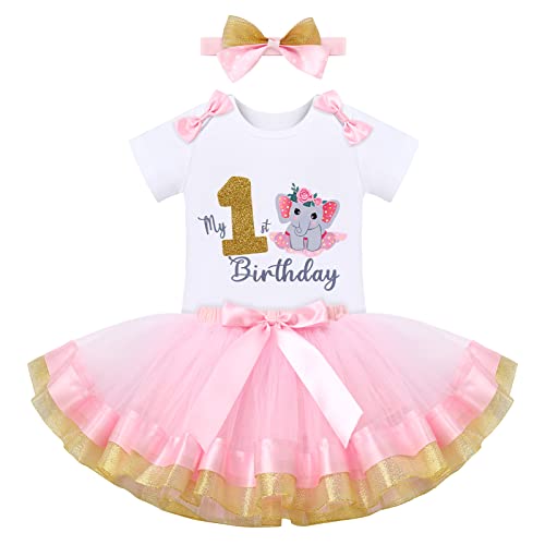 Baby Mädchen Erster 1. Geburtstag Outfit Elefant Baumwolle Kurzarm Body Strampler Prinzessin Tutu Rock Schleife Stirnband Bekleidungsset Ein Jahr alt Party Fotoshooting Kostüm Rosa + Gold 1 Jahr von FYMNSI