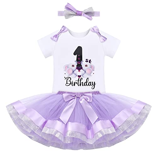 FYMNSI Baby Mädchen Erster 1. Geburtstag Outfit Elefant Baumwolle Kurzarm Body Strampler Prinzessin Tutu Rock Schleife Stirnband Bekleidungsset Ein Jahr alt Party Fotoshooting Kostüm Violett 1 Jahr von FYMNSI