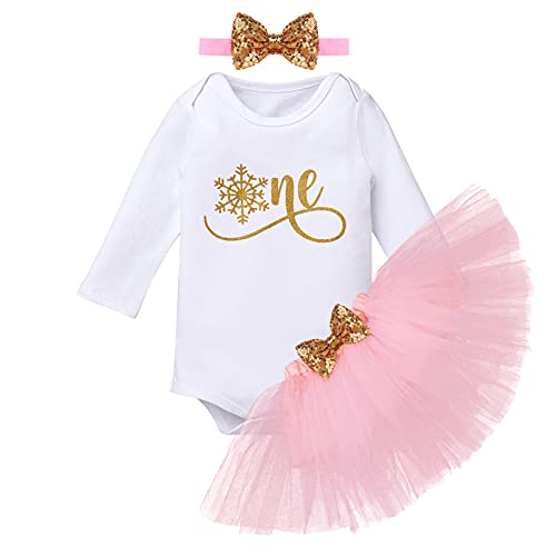 Baby Mädchen Erster 1. Geburtstag Outfit Schneeflocke Baumwolle Langarm Strampler Body Pinzessin Tütü Tüll Rock Geburtstagskleid Stirnband 3tlg Bekleidungsset Fotoshooting Kostüm Rosa + Gold 1 Jahr von FYMNSI