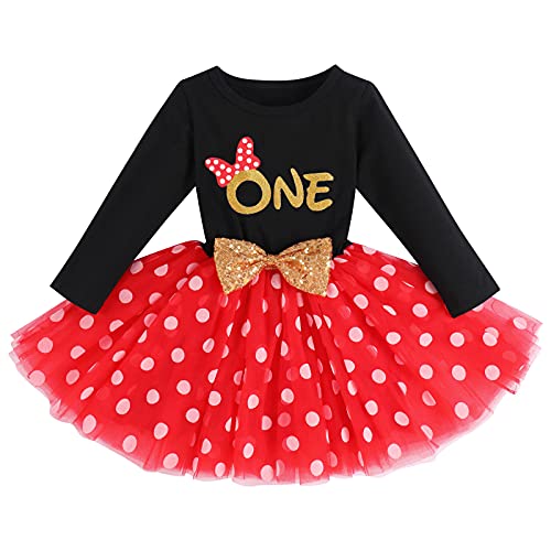 Baby Mädchen Erster 1. Geburtstag Party Kleid Baumwolle Langarm A-Linie Prinzessin Gepunktet Tutu Tüllkleid Pailletten Schleife Rock Fotoshooting Kleidung Schwarz + Rot - One 1 Jahr von FYMNSI