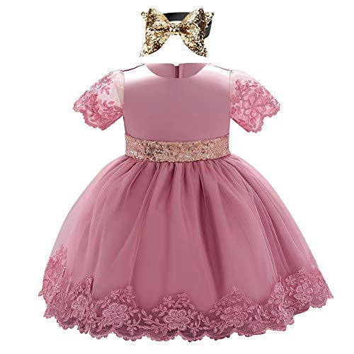 Baby Mädchen Erstes Geburtstagskleid Taufkleid Kurzarm Spitzenkleid Pailletten Schliefe Tüll Abendkleid Festliches Festkleid Hochzeit Brautjungfer Kommunionskleid mit Stirnband Set Dunkelrosa 6-12M von FYMNSI