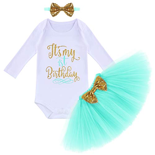 Baby Mädchen Es ist Mein 1. Geburtstag Outfit Kleinkinder erstes Geburtstagskleid Pinzessin Tütü Tüll Rock Langarm Strampler Body Pailletten Stirnband 3tlg Bekleidungsset Fotoshooting Grün 1 Jahr von FYMNSI