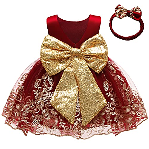 Baby Mädchen Geburtstag Partykleid Taufkleid Kleinkind Rückenfrei Pailletten Schleife Stickerei Ärmellos Abendkleid Prinzessin Hochzeit Brautjungfer Formal Festkleid mit Stirnband Dunkelrot 1-2 Jahre von FYMNSI