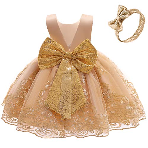 Baby Mädchen Geburtstag Partykleid Taufkleid Kleinkinder Rückenfrei Pailletten Schleife Stickerei Ärmellos Abendkleid Prinzessin Hochzeit Brautjungfer Formal Festkleid mit Stirnband Gold 1-2 Jahre von FYMNSI