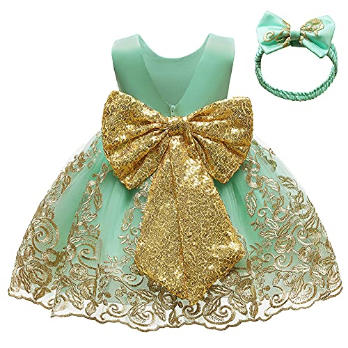 Baby Mädchen Geburtstag Partykleid Taufkleid Kleinkinder Rückenfrei Pailletten Schleife Stickerei Ärmellos Abendkleid Prinzessin Hochzeit Brautjungfer Formal Festkleid mit Stirnband Hellgrün 2-3 Jahre von FYMNSI