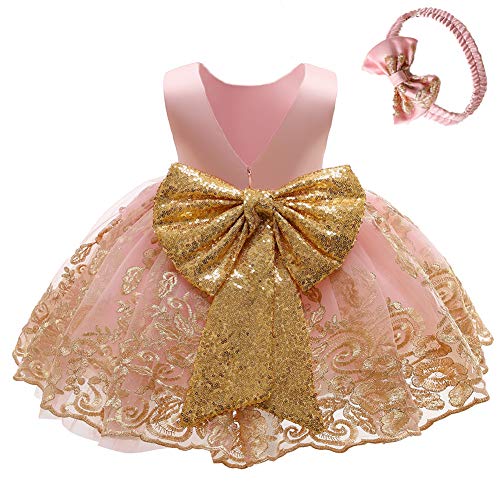 Baby Mädchen Geburtstag Partykleid Taufkleid Kleinkinder Rückenfrei Pailletten Schleife Stickerei Ärmellos Abendkleid Prinzessin Hochzeit Brautjungfer Formal Festkleid mit Stirnband Rosa 3-6 Monate von FYMNSI