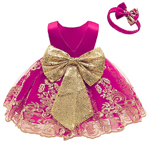 Baby Mädchen Geburtstag Partykleid Taufkleid Kleinkinder Rückenfrei Pailletten Schleife Stickerei Ärmellos Abendkleid Prinzessin Hochzeit Brautjungfer Formal Festkleid mit Stirnband Rose 0-3 Monate von FYMNSI