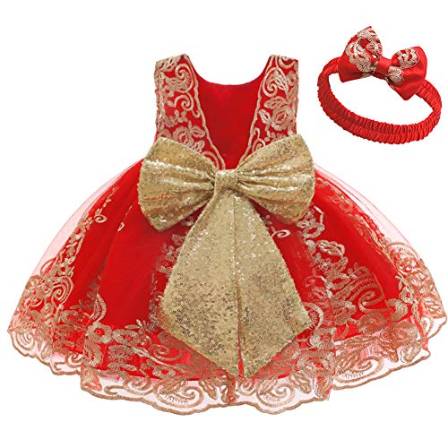 Baby Mädchen Geburtstag Partykleid Taufkleid Kleinkinder Rückenfrei Pailletten Schleife Stickerei Ärmellos Abendkleid Prinzessin Hochzeit Brautjungfer Formal Festkleid mit Stirnband Rot + Spitze 6-12M von FYMNSI