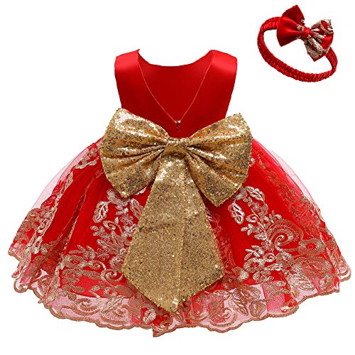 Baby Mädchen Geburtstag Partykleid Taufkleid Kleinkinder Rückenfrei Pailletten Schleife Stickerei Ärmellos Abendkleid Prinzessin Hochzeit Brautjungfer Formal Festkleid mit Stirnband Rot 6-12 Monate von FYMNSI