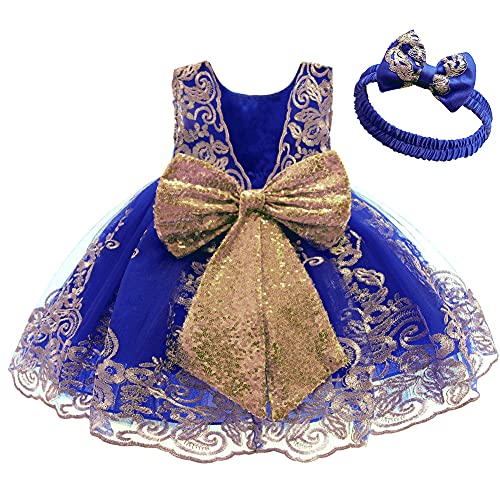 Baby Mädchen Geburtstag Partykleid Taufkleid Kleinkinder Rückenfrei Pailletten Schleife Stickerei Ärmellos Abendkleid Prinzessin Hochzeit Formal Festkleid mit Stirnband Dunkelblau + Spitze 2-3 Jahre von FYMNSI