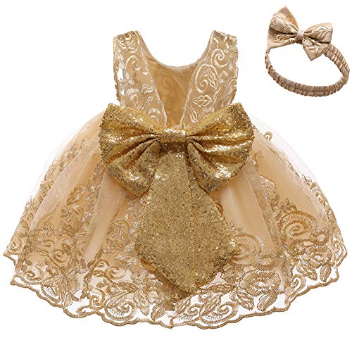 Baby Mädchen Geburtstag Partykleid Taufkleid Kleinkinder Rückenfrei Pailletten Schleife Stickerei Ärmellos Abendkleid Prinzessin Hochzeit Formal Festkleid mit Stirnband Gold + Spitze 0-3 Monate von FYMNSI