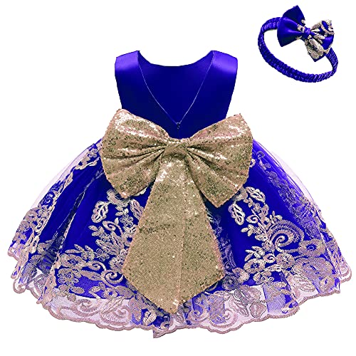 Baby Mädchen Geburtstag Partykleid Taufkleid Kleinkinder Rückenfrei Pailletten Schleife Stickerei Ärmellos Abendkleid Prinzessin Hochzeit Formal Festkleid mit Stirnband Königsblau 1-2 Jahre von FYMNSI