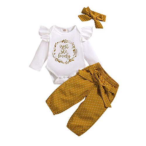 FYMNSI Baby Mädchen Isn't She Lovely Sommer Outfit Kleinkinder Langarm Body Strampler Gepunktet Langes Hose Stirnband 3tlg Prinzessin Geburtstag Party Kleidung Freizeit Bekleidungsset Weiß 0-3 Monate von FYMNSI