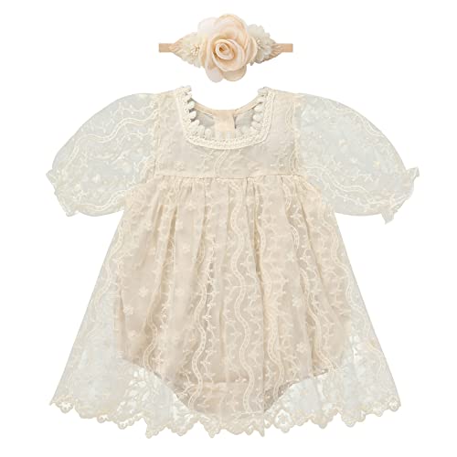 Baby Mädchen Kleid Boho Kurzarm Spitzenkleid Tutu Tüll Bodykleid Einteiler Prinzessin Bodysuit mit Blumen Stirnband 1. Geburtstag Party Outfit Taufe Neugeborenes Fotoshooting Aprikose Stickerei 6-12M von FYMNSI