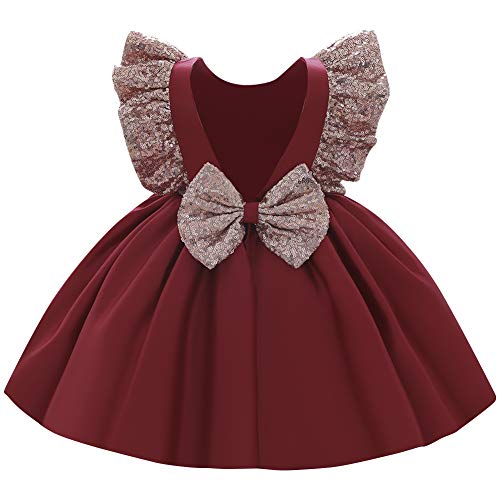 Baby Mädchen Kleid Kinder Prinzessin Partykleid Pailletten Schleife Formal Abendkleid Rückenfrei Hochzeitskleid Brautjungfer Festkleid Erster Geburtstagskleid Taufkleid 1# Dunkelrot 3-4 Jahre von FYMNSI