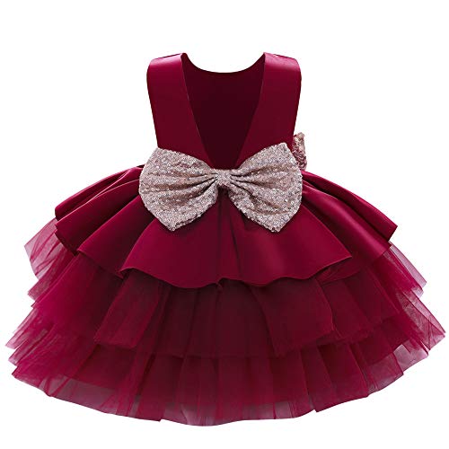 Baby Mädchen Kleid Kinder Prinzessin Partykleid Pailletten Schleife Formal Abendkleid Rückenfrei Hochzeitskleid Brautjungfer Festkleid Geburtstagskleid Taufkleid Ärmellos 2# Weinrot 18-24 Monate von FYMNSI