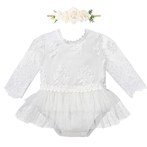 Baby Mädchen Kleid Langarm Spitzenkleid Tutu Tüll Bodykleid Einteiler Prinzessin Bodysuit mit Blumen Stirnband 1. Geburtstag Party Outfit Taufe Neugeborenes Fotoshooting Bekleidung Weiß 12-24 Monate von FYMNSI