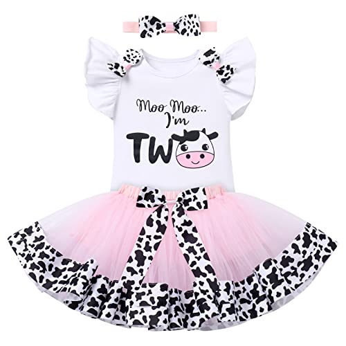 Baby Mädchen Kuh Zweiter 2. Geburtstag Outfit Party Zwei Jahre Alt Bauernhof Tier Themen Party Fotoshooting Baumwolle Kurzarm Strampler Prinzessin Tutu Rock Stirnband 3er Bekleidungsset Rosa - I'm Two von FYMNSI