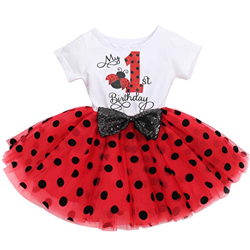 Baby Mädchen Mein 1. Erste Geburtstag Marienkäfer Kleid Baumwolle Kurzarm Tutu Tüllkleid Gepunktet Rock Prinzessin 1 Jahr Partykleid Fotoshooting Kostüm Outfit Rot Marienkäfer Mein 1. Geburtstag von FYMNSI