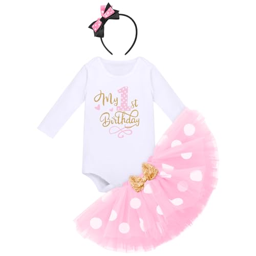 FYMNSI Baby Mädchen 1. Geburtstag Outfit Maus Kostüm Baumwolle Langarm Body Strampler Prinzessin Gepunktet Tütü Tüll Rock Stirnband 1 Jahr Party Herbst Winter Bekleidungsset Fotoshooting Rosa 1 Jahr von FYMNSI