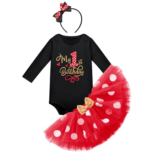 Baby Mädchen 1. Geburtstag Outfit Maus Kostüm Baumwolle Langarm Body Strampler Prinzessin Gepunktet Tütü Tüll Rock Stirnband 1 Jahr Party Herbst Winter Bekleidungsset Fotoshooting Schwarz 1 Jahr von FYMNSI