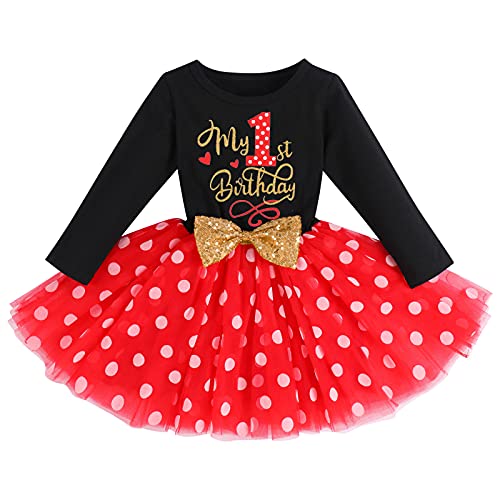 FYMNSI Baby Mädchen Mein 1. Geburtstag Partykleid Baumwolle Langarm Gepunktet Tutu Tüll Rock Prinzessin Festkleid Abendkleid Herbstkleid Fotoshooting Bekleidung Schwarz + Rot von FYMNSI