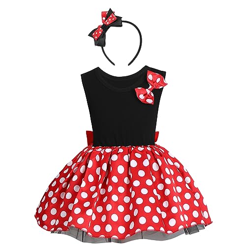 FYMNSI Baby Mädchen Minnie Maus Kostüm Kinder Weihnachtskleid Partykleid Ärmellos Retro Gepunktet Prinzessin Festkleid mit Stirnband Outfit für Fasching Karneval Halloween Weihnachten Rot 12-18 Monate von FYMNSI