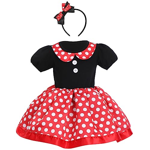 FYMNSI Baby Mädchen Minnie Maus Kostüm Kinder Weihnachtskleid Partykleid Kurzarm Retro Gepunktet Prinzessin Festkleid mit Stirnband Outfit für Fasching Karneval Halloween Weihnachten Rot 12-18 Monate von FYMNSI