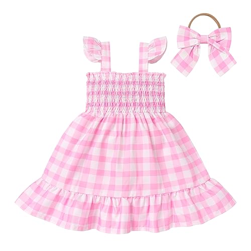 Baby Mädchen Rosa Vichy Kariertes Kleid Kleinkinder Kariert Gesmokt A-Linie Schwingen Vintage Rockabilly 1950er Jahre Rüschen Träger Sommerkleid Festliches Festkleid Freizeitkleidung Rosa 12-18 Monate von FYMNSI