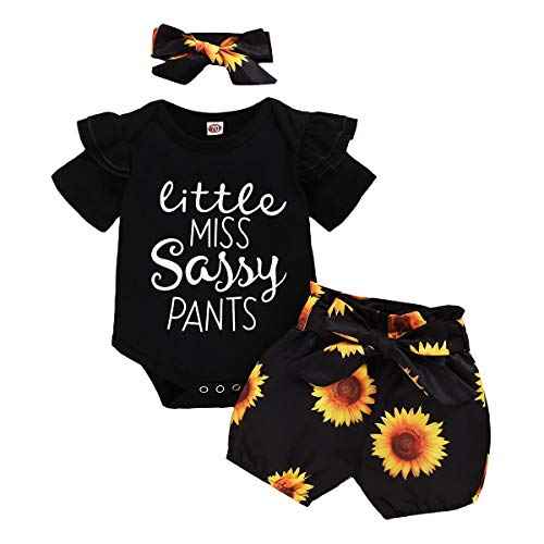 Baby Mädchen Sommer Outfit Kleinkinder Kurzarm Rüschen Body Strampler Shirt + Blumen Drucken Shorts + Stirnband 3tlg Prinzessin Geburtstag Party Kleidung Freizeit Bekleidungsset Schwarz 0-3 Monate von FYMNSI