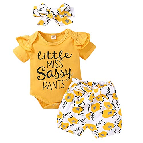 Baby Mädchen Sommer Outfit Kleinkinder Kurzarm Rüschen Body Strampler Shirt + Blumen Drucken Shorts Kurze Hose + Stirnband 3tlg Prinzessin Geburtstag Party Kleidung Freizeit Bekleidungsset Gelb 3-6M von FYMNSI