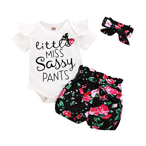 Baby Mädchen Sommer Outfit Kleinkinder Kurzarm Rüschen Body Strampler Shirt + Blumen Drucken Shorts Kurze Hose + Stirnband 3tlg Prinzessin Geburtstag Party Kleidung Freizeit Bekleidungsset Weiß 0-3M von FYMNSI