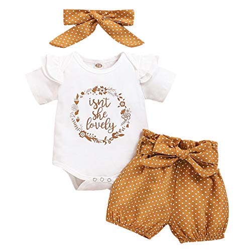 Baby Mädchen Sommer Outfit Kleinkinder Kurzarm Rüschen Body Strampler Shirt + Blumen Drucken Shorts Kurze Hose + Stirnband 3tlg Prinzessin Geburtstag Party Kleidung Freizeit Bekleidungsset Weiß 12-18M von FYMNSI