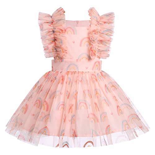 Baby Mädchen Sommerkleid Boho Regenbogen Erster 1 Geburtstag Outfit Neugeborene Taufkleid Kleinkinder Prinzessin Tütü Tüllkleid Festliches Festkleid Partykleid Fotoshooting Bekleidung Pfirsich 0-6M von FYMNSI