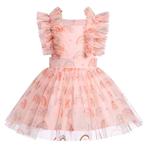 Baby Mädchen Sommerkleid Boho Regenbogen Erster 1 Geburtstag Outfit Neugeborene Taufkleid Kleinkinder Prinzessin Tütü Tüllkleid Festliches Festkleid Partykleid Fotoshooting Bekleidung Pfirsich 12-18M von FYMNSI